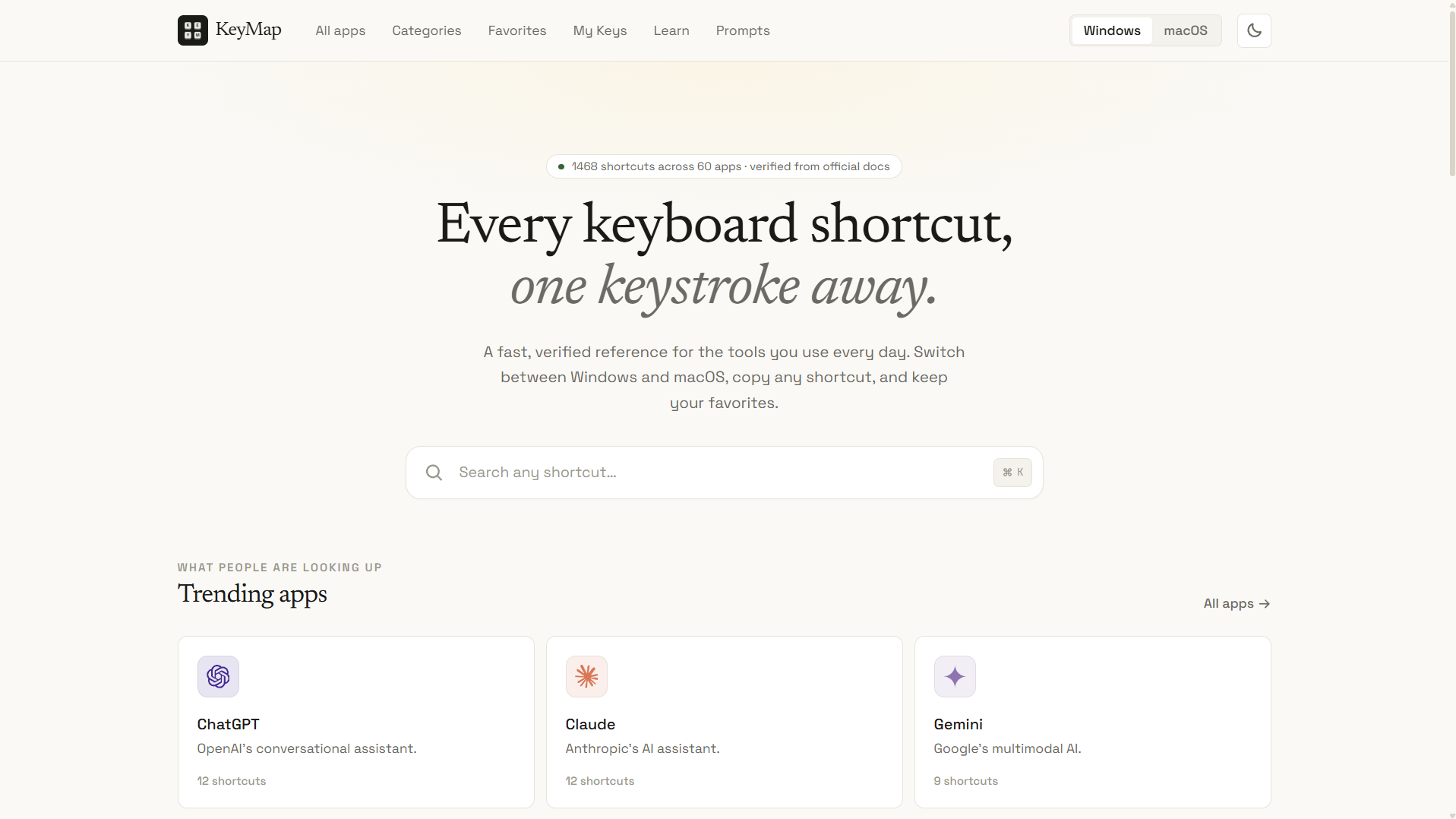 A keyboard shortcuts reference app for power users