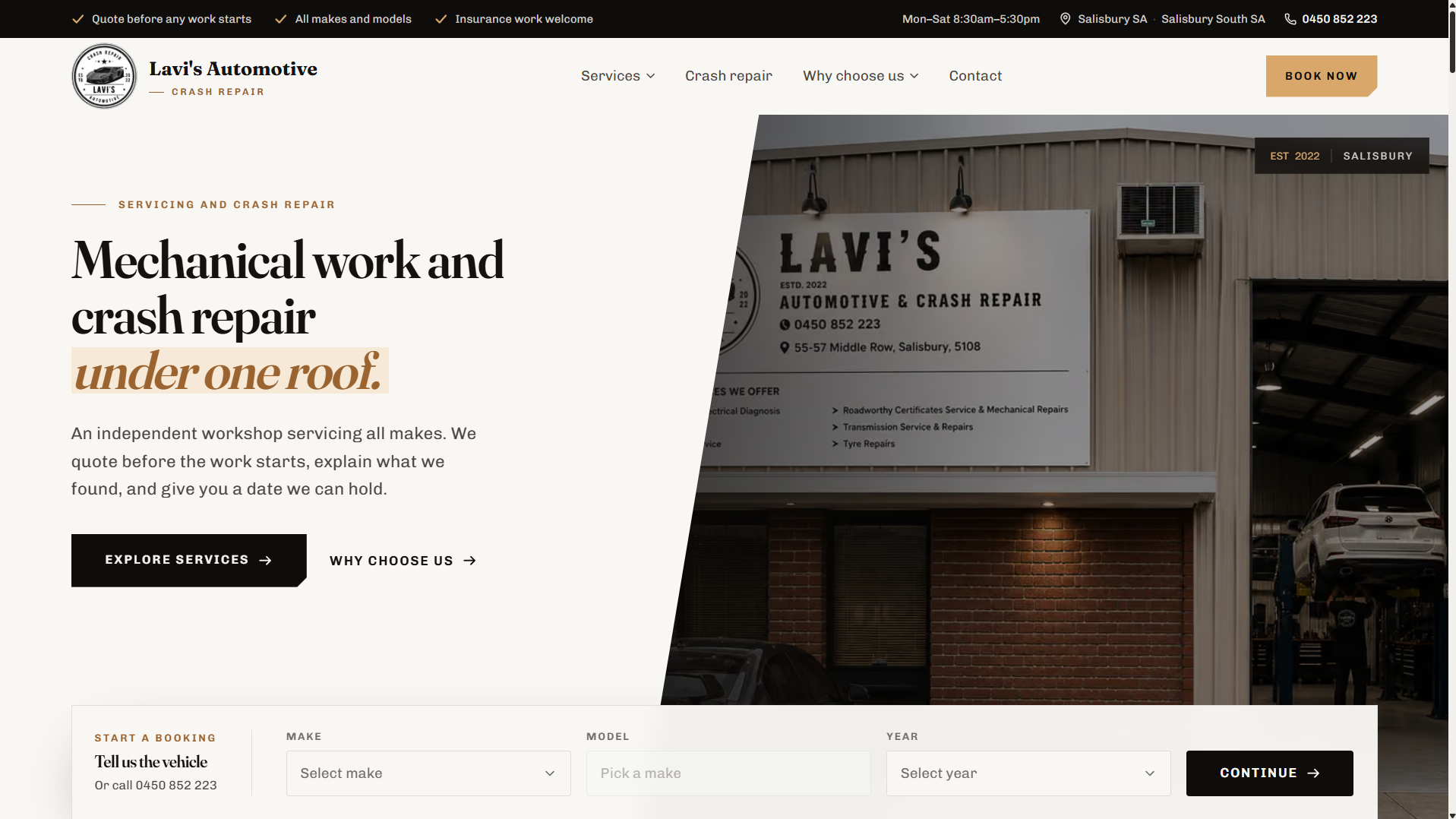 A booking website for an independent auto workshop